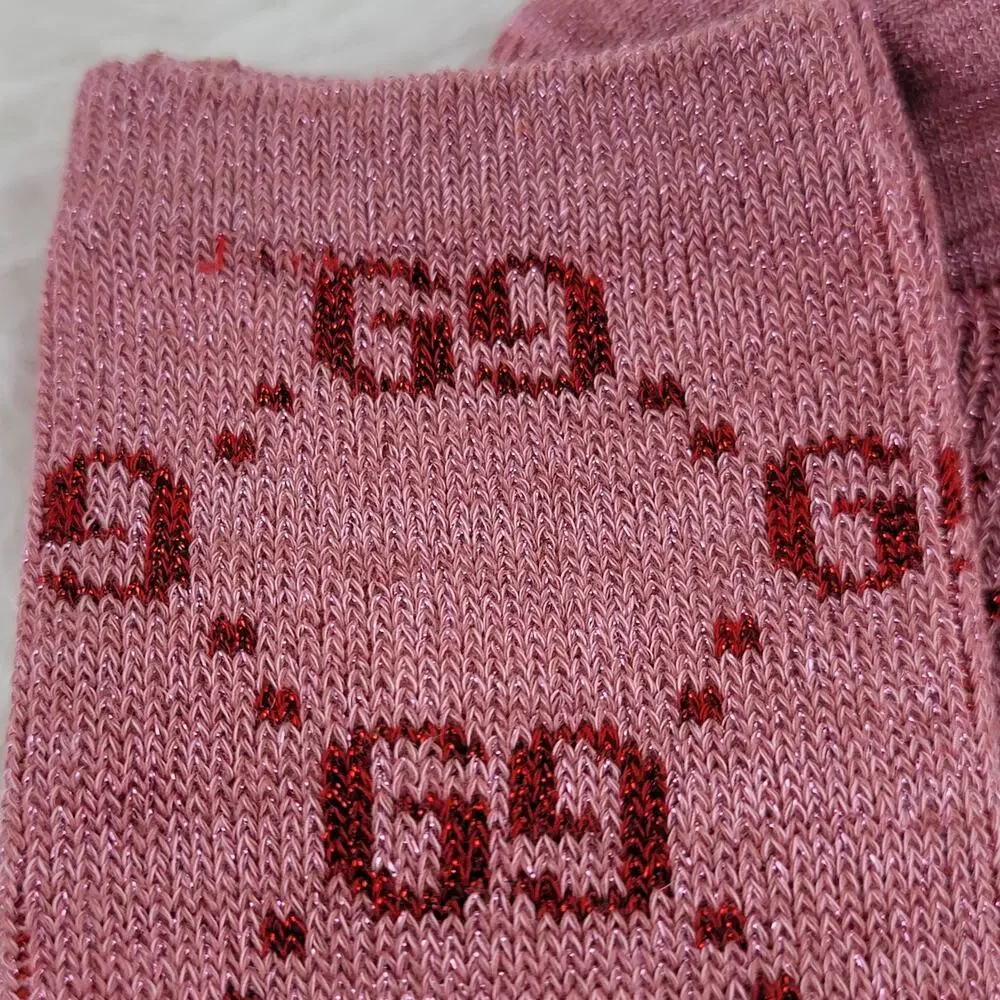 Gucci Crew Socks Unisex GG Logo Metallic 100% Authentic Pink Red Luxury New